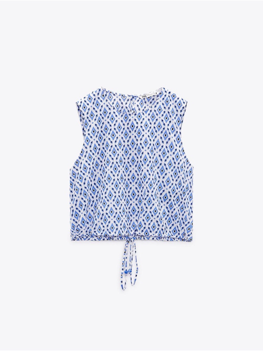 Zara White and Blue Geometric Tie-Front Sleeveless Top
